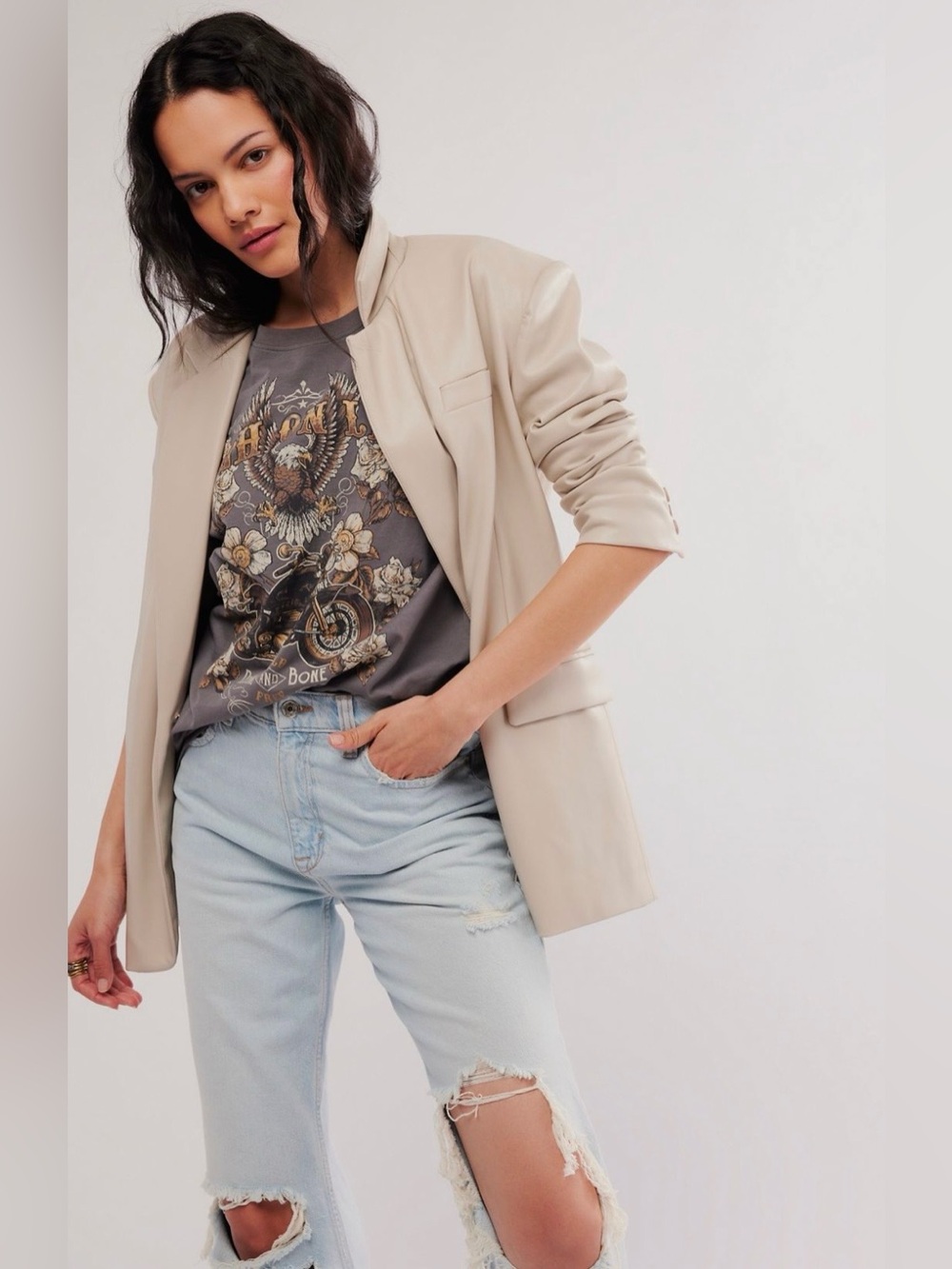 Free People X Denim and Bone Women’s Short Sleeve Shirt Top Moto Vintage Medium